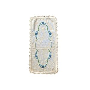 Vintage Hand Embroidered Linen Table Runner Blue Floral Crochet Lace Trim Scarf